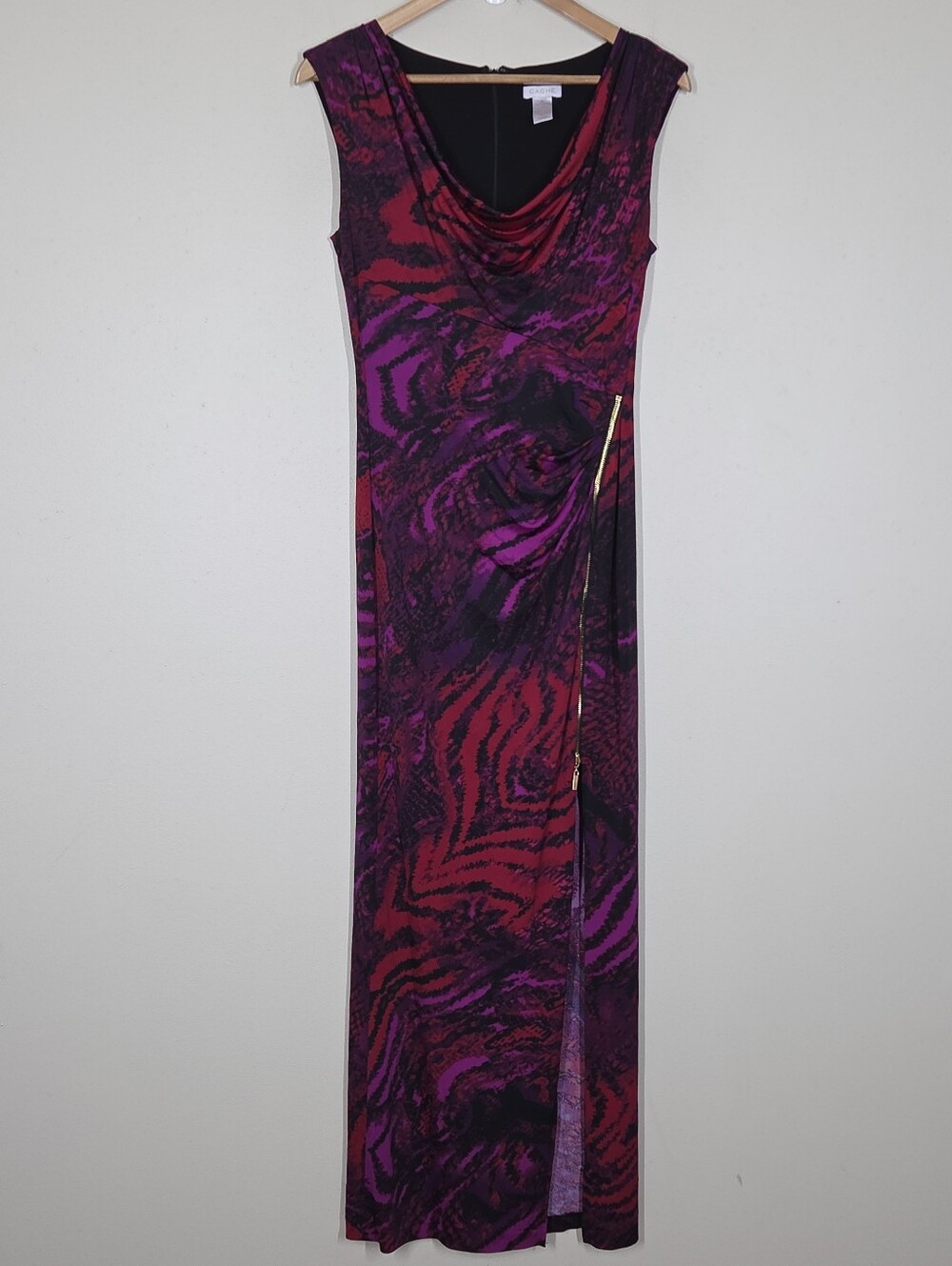 Y2K Cache Pink Purple Animal Print Maxi Dress Zipper Slit Cowl Neck M Fairy